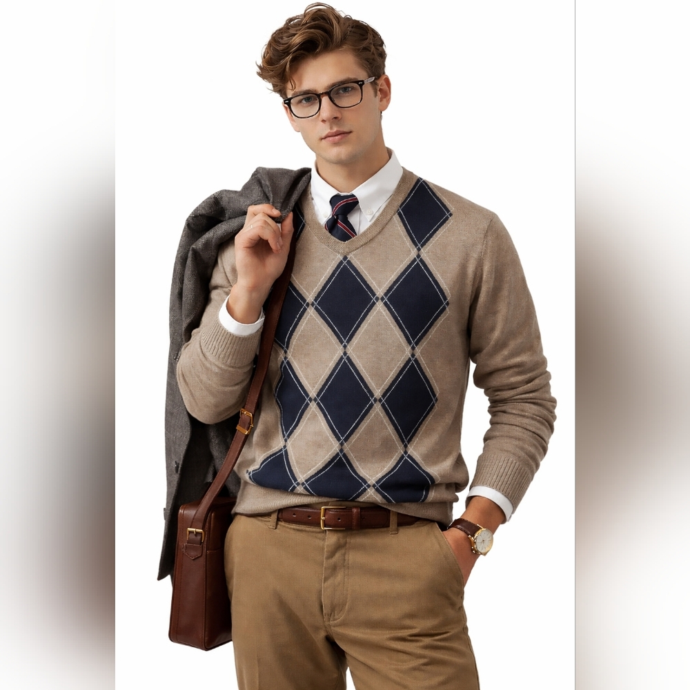 Tommy Hilfiger Argyle VNeck Sweater Taupe Navy Preppy Academia 100% Cotton Large